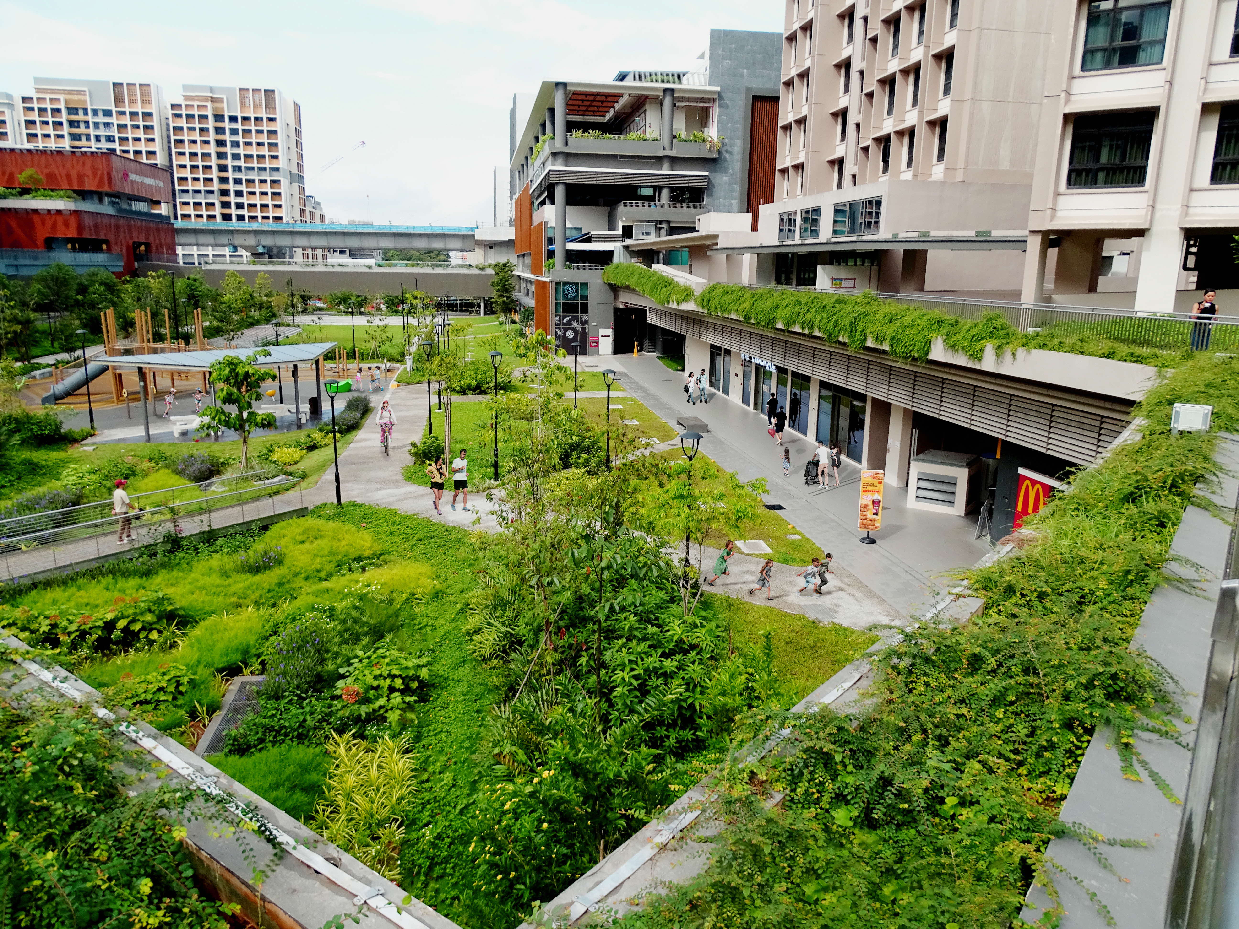 Green rooftop park with paths and people, beside modern buildings and a row of shops including McDonald's.